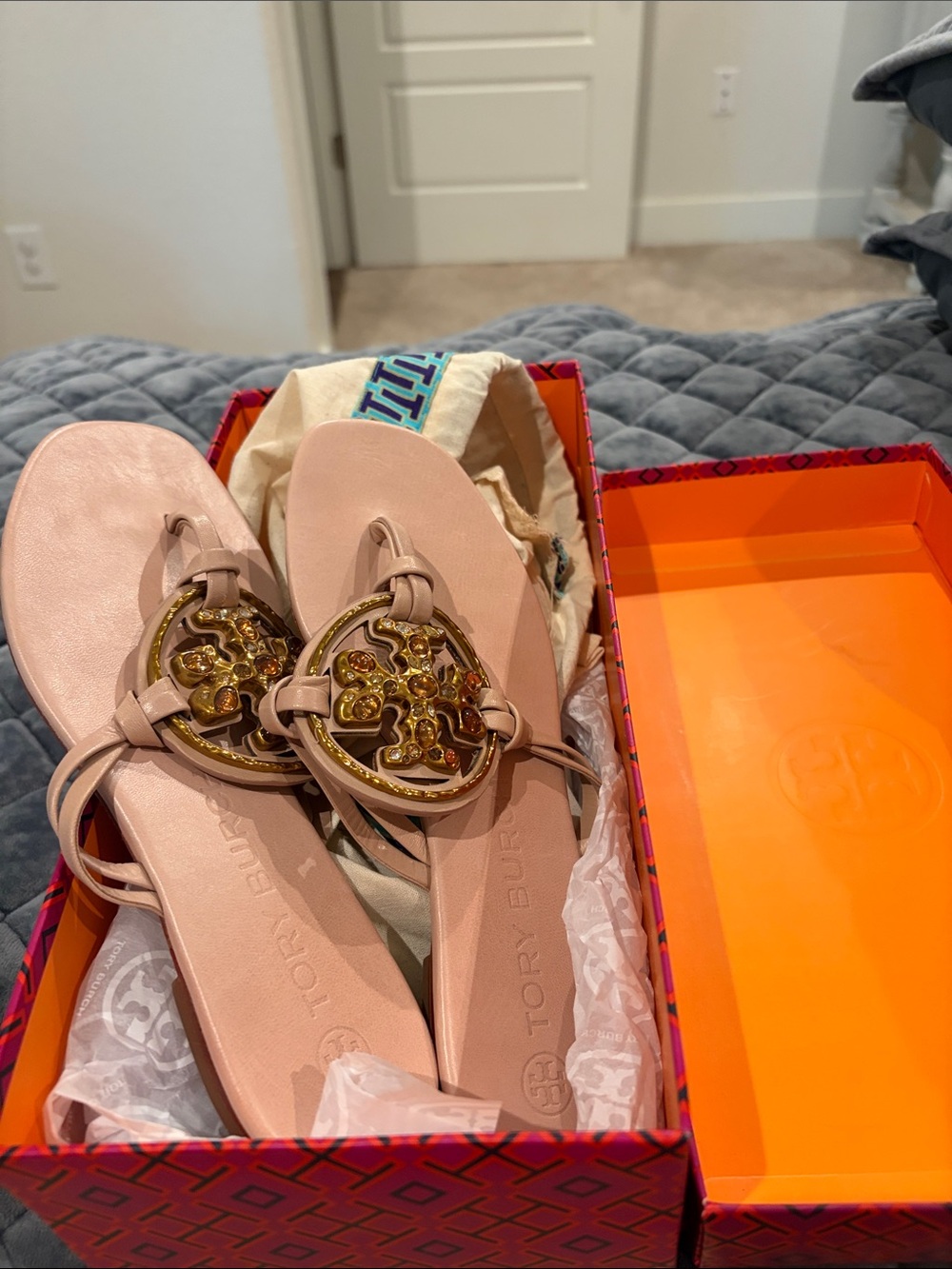 Tory Burch Blush Pink Leather Logo Thong Sandals with Gold Medallion